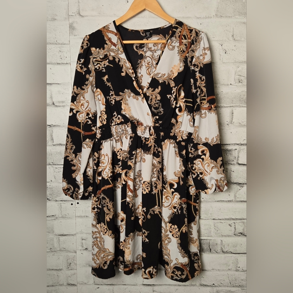 SHEIN Curve Baroque Print Smocked Waist Dress Black Gold 1XL